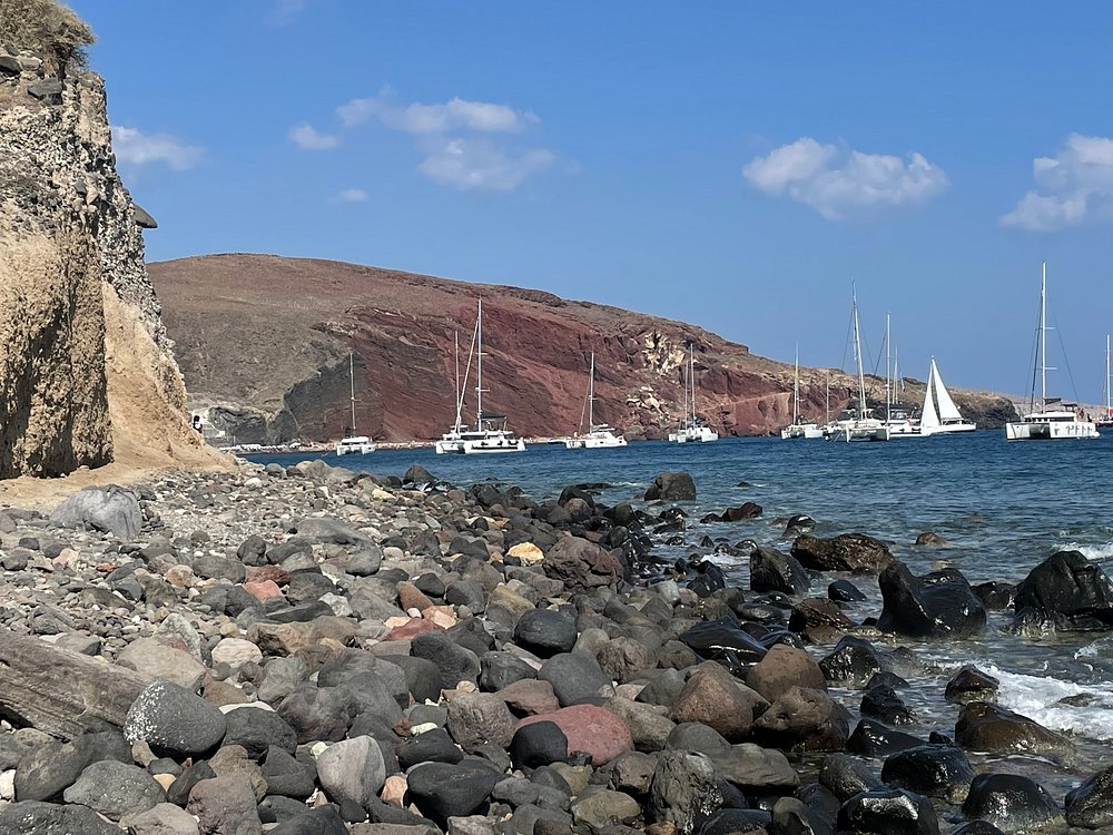 Kambia Beach Santorini quiet pebble beach with a traditional Greek taverna